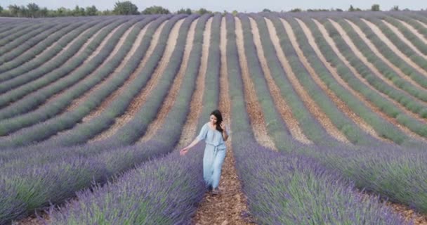 穿着蓝色衣服的美丽年轻女孩穿过薰衣草的田野 长长的卷发 微笑着 背景上的山 园丁的房子 薰衣草的视角 — 图库视频影像