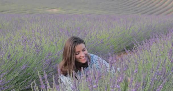 Bella Ragazza Vestito Blu Cammina Attraverso Campo Lavanda Lunghi Capelli — Video Stock