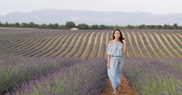 Muchacha Hermosa Vestido Azul Camina Través Del Campo Lavanda Los — Vídeo de stock