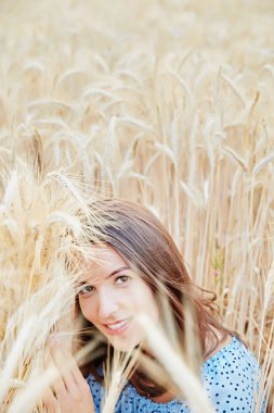 Güzel genç kız alanında bulunan buğday, gün batımı ışık, döner, gülümsüyor, kadınlar, mutlu, uzun esmer saçlar pozlar ile mavi elbise, Fransa, Provence