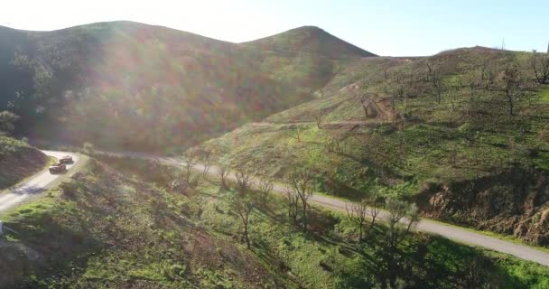 Video Aereo Movimento Due Auto Sulla Strada Tortuosa Tra Colline — Video Stock