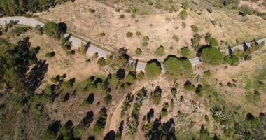 Portekiz, ağaçlar bir yeşil çimen, güneşli hava, güneş ağaçlar, çayır, alanları aracılığıyla karşı tepeler arasında büküm yolda spor araba hareket hava video