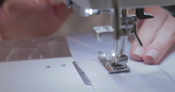 Close Slow Motion Video Work Master Seamstress Needle Automatic Sewing — Stock Video