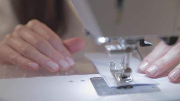 Close Slow Motion Video Work Master Seamstress Needle Automatic Sewing — Stock Video