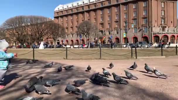俄罗斯 圣彼得堡 2019年4月4日 这个小孩 那个穿着荒唐工作服的女孩 在公园里 在阿斯托利亚酒店的背景上 在艾萨克大教堂里 为小鸟跑 — 图库视频影像