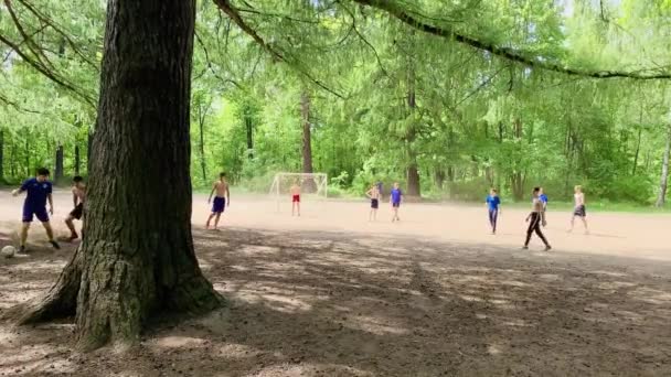 Rusia, San Petersburgo, 03 de junio de 2020: Los adolescentes juegan al fútbol en un campo de fútbol en el parque entre los árboles verdes, algunos chicos vestidos solo con pantalones cortos, claro tiempo soleado — Vídeo de stock