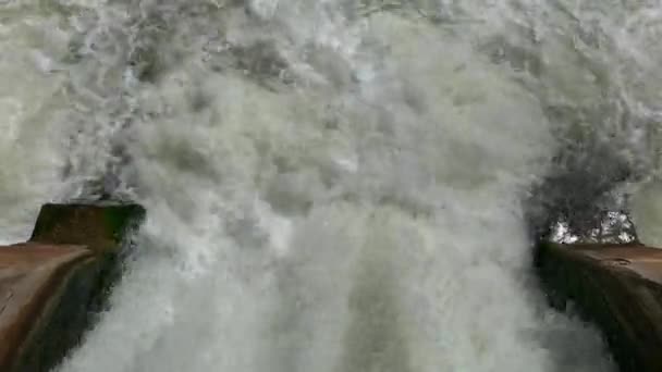 Flusso d'acqua veloce su una piccola diga sul fiume nella foresta, tempo soleggiato — Video Stock