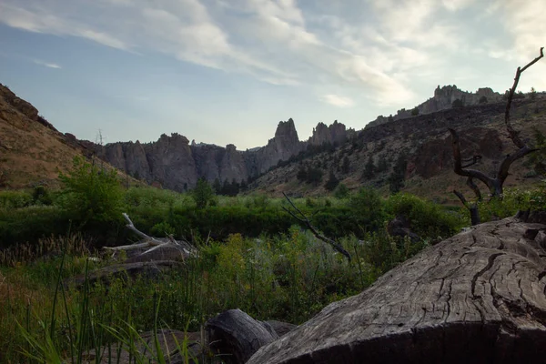 史密斯岩国家公园的日出。悬崖和草地和原木的景观 — 图库照片