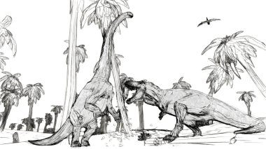 Diplodocus kroki tarzı 3d çizim Tyrannosaurus mücadele