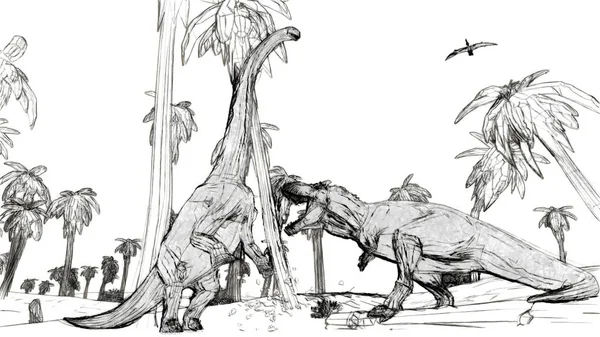 Diplodocus kroki tarzı 3d çizim Tyrannosaurus mücadele