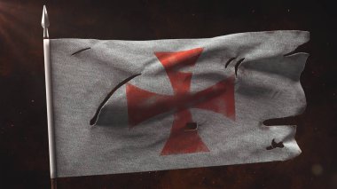 Eski yırtık şövalye savaş afiş mızrak. Hasarlı templar bayrak 3d çizim