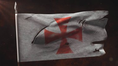 Old Torn Knight War Banner on the spear. Damaged templar flag 3D illustration clipart