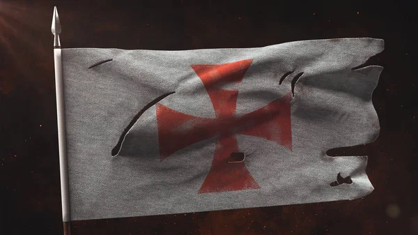 Eski yırtık şövalye savaş afiş mızrak. Hasarlı templar bayrak 3d çizim