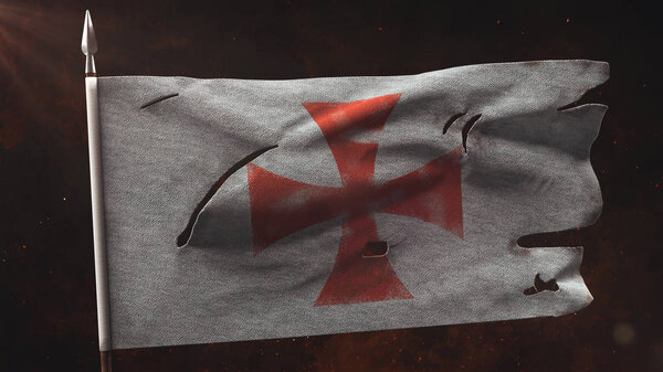 Old Torn Knight War Banner on the spear. Damaged templar flag 3D illustration