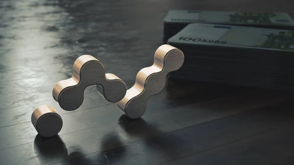 Nano kripto para birimi. Ahşap zeminde metalik sembol. 3d illüstrasyon