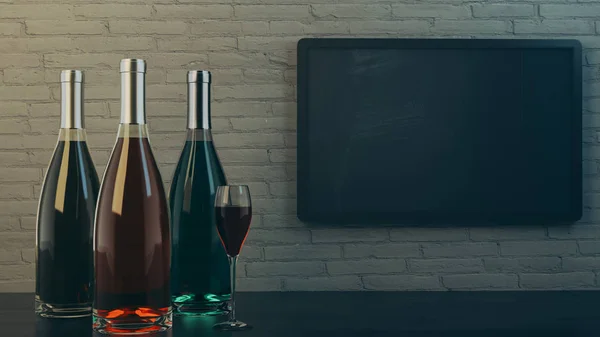 Αλκοολούχα Ποτά Χρωματιστά Μπουκάλια Και Πλήρες Γυαλί Στο Μπαρ Πίνακας — Φωτογραφία Αρχείου