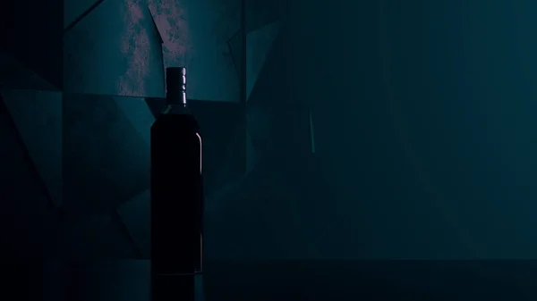 Alkol şişesi silueti. Ses ışığı ve soyut arka plan. 3d illüstrasyon