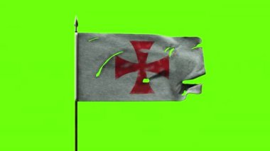 Mızrakta Yaşlı Yırtık Şövalye Savaş Bayrağı var. Yeşil ekranda hasar görmüş tapınak bayrağı. 4K Döngüleme Canlandırması