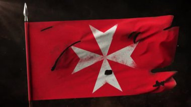 Mızrakta yaralı hastane bayrağı sallanıyor. Malta haçlı Yaşlı Yırtık Şövalye Savaş Bayrağı. Tanrı ışınları ve parçacıklarla 4K animasyonu. 3 Boyutlu Hazırlama