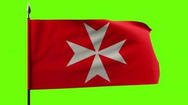 Misafirler mızrakta sallanan bayrak siparişi verdi. Malta haçlı Eski Şövalye Savaş Bayrağı. 4K döngü yeşil ekran animasyonu. 3 Boyutlu Hazırlama