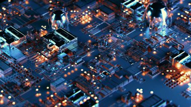 Elektronik çip bileşenleri duvar kağıdıyla basılmış fütüristik devre kartı. Teknoloji soyut arkaplan 3D illüstrasyon
