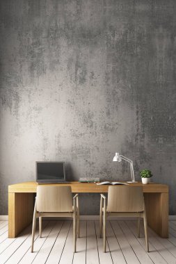 Modern çalışma masası ile çıplak çimento duvar. 3D render