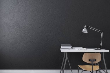 Küçük modern yazı masası veya masa lambası, Gözlük, kitap ve siyah duvar arka koltuğa. 3D render