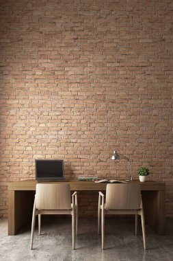 Modern çalışma masası ile turuncu tuğla duvar. 3D render