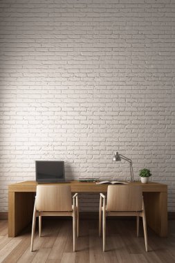 Modern çalışma masası ile beyaz tuğla duvar. 3D render