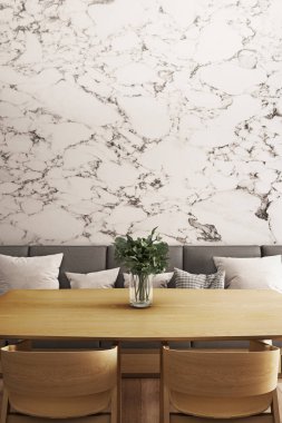 Ahşap yemek masası ve oturma mermer duvar arka plan ile. 3D Illustrator