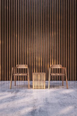 Ahşap sandalye Beyaz ahşap Tiriz ve duvar arka plan ile çıplak beton zemin. 3D Illustrator