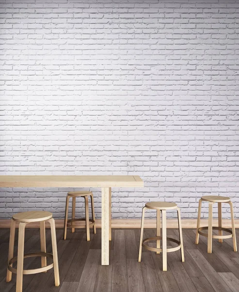 Ξύλινο Τραπέζι Φαγητού Φόντο Τοίχο Λευκό Τούβλο Απεικόνιση — Φωτογραφία Αρχείου