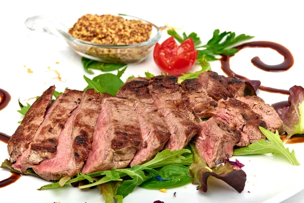 Italian Food Sirloin Steak Beef Ancient Mustard Served White Plate — Stock Photo, Image