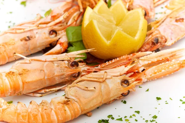 Italian Food Grilled Shrimps Prawns Served White Plate Isolated White — Stock Photo, Image