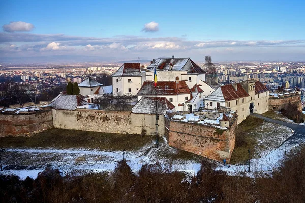 Vista Panorámica Aérea Ciudadela Guardia Invierno Ciudad Vieja Brasov Transilvania —  Fotos de Stock