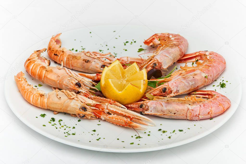 Italian food, grilled shrimps and prawns served on white plate, isolated on white background