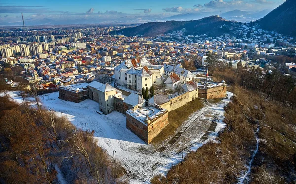 Aerial Panoramic View Citadel Guard Winter Time Old City Brasov — Stock Photo, Image