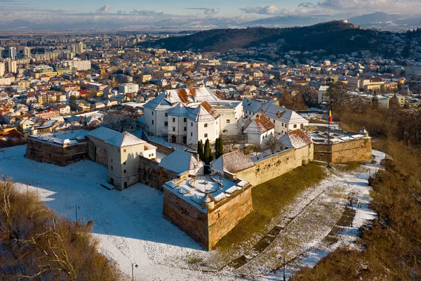 Aerial Panoramic View Citadel Guard Winter Time Old City Brasov — Stock Photo, Image