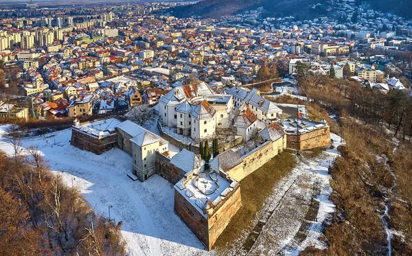 Aerial Panoramic View Citadel Guard Winter Time Old City Brasov — Stock Photo, Image