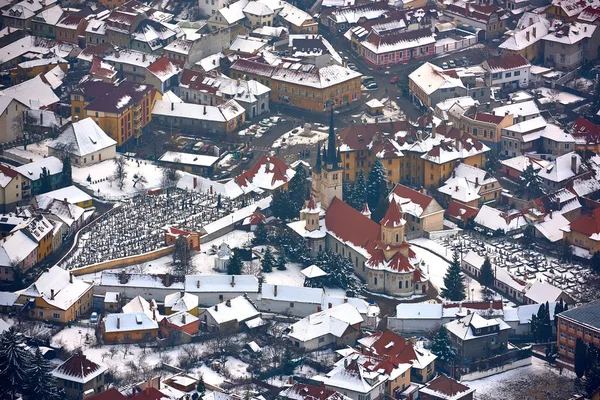 Панорамный Вид Город Брашов Закате Над Горой Тампа Зимой — стоковое фото