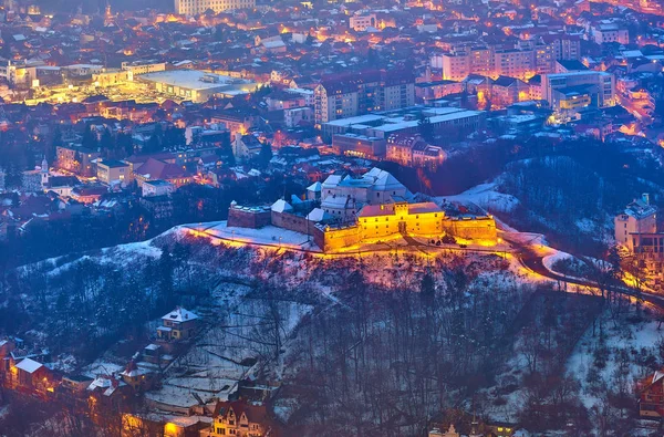 Ein Panoramablick Auf Die Stadt Brasov Bei Untergang Über Dem — Stockfoto