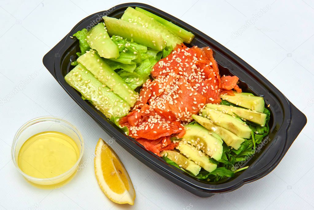 Healthy food delivery, lunch box with salad to take away
