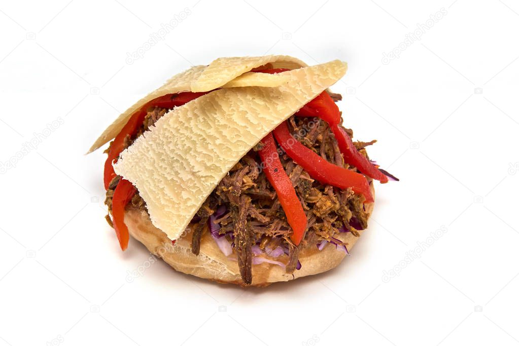 Fast food,Barbeque Pulled beff Sandwich with cheese,baked peppers,curry lentils and salad with red cabbage,Sauce and Fries on wooden background