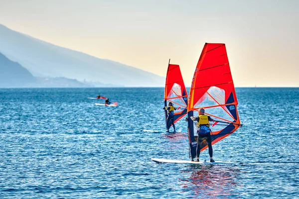 Torbole Lago Garda Italy October 2018 Windsurfer Surfing Wind Waves — Stock Photo, Image