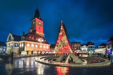 Brasov, Romanya - 12 Aralık 2016:Christmas ağaç Brasov City, Noel ağacı dekore edilmiş ve geleneksel kış pazarda eski kent merkezi, Romanya