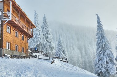 Ahşap chalets ve muhteşem Kayak pistlerindeki Karpatlar, Poiana Brasov kayak merkezi, Transilvanya, Romanya, Avrupa, çam kaplı kar orman