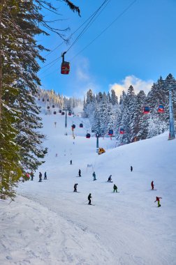 Poiana Brasov, Romanya -12 Ocak 2013: kablo araba Poiana Brasov kayak merkezinde, kayakçılar ve Snowboard düşkünleri tadını kayak yamaçlarına Poiana Brasov kış resort whit ormanlarda kaplı karda