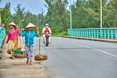 Hoi An, Vietnam-04 Aralık 2014: tanımlanamayan satıcı Hoi bir şehir. Tropikal meyve ve sebze ile Vietnam satıcıları Bisiklet sepeti dolu. Hayat Vietnam