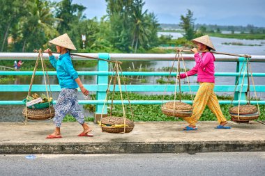 Hoi An, Vietnam-04 Aralık 2014: tanımlanamayan satıcı Hoi bir şehir. Tropikal meyve ve sebze ile Vietnam satıcıları Bisiklet sepeti dolu. Hayat Vietnam