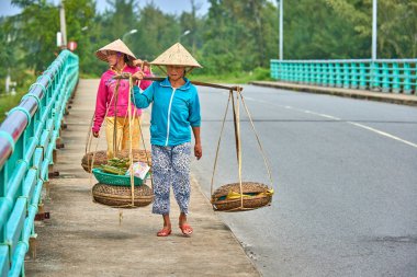 Hoi An, Vietnam-04 Aralık 2014: tanımlanamayan satıcı Hoi bir şehir. Tropikal meyve ve sebze ile Vietnam satıcıları Bisiklet sepeti dolu. Hayat Vietnam